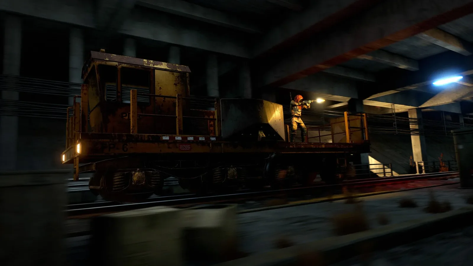 A workcart traveling through the Rust landscape.